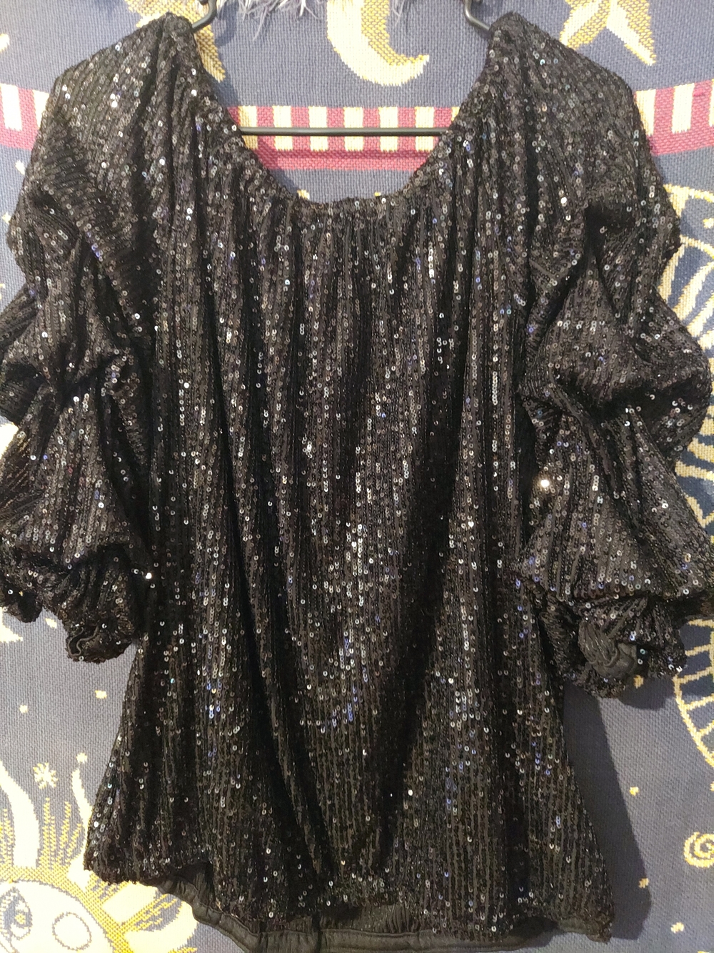 Black Sequin Puff-Sleeve Women's Top